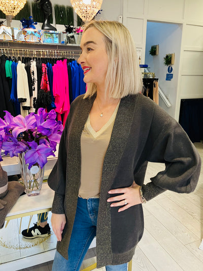 Avril Knitted Khaki Cardigan with lurex trim  by Molly Bracken