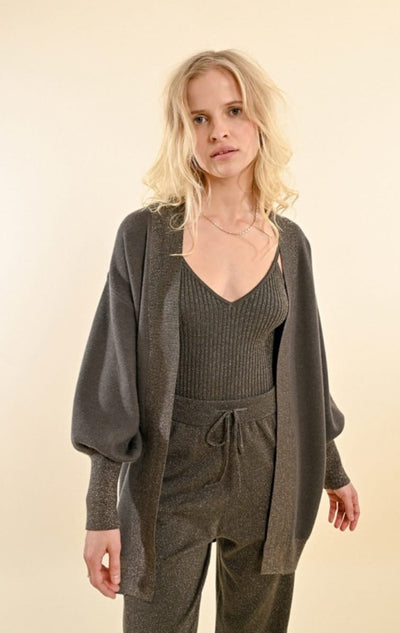 Avril Knitted Khaki Cardigan with lurex trim  by Molly Bracken