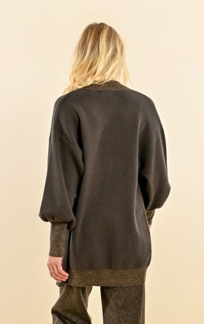 Avril Knitted Khaki Cardigan with lurex trim  by Molly Bracken