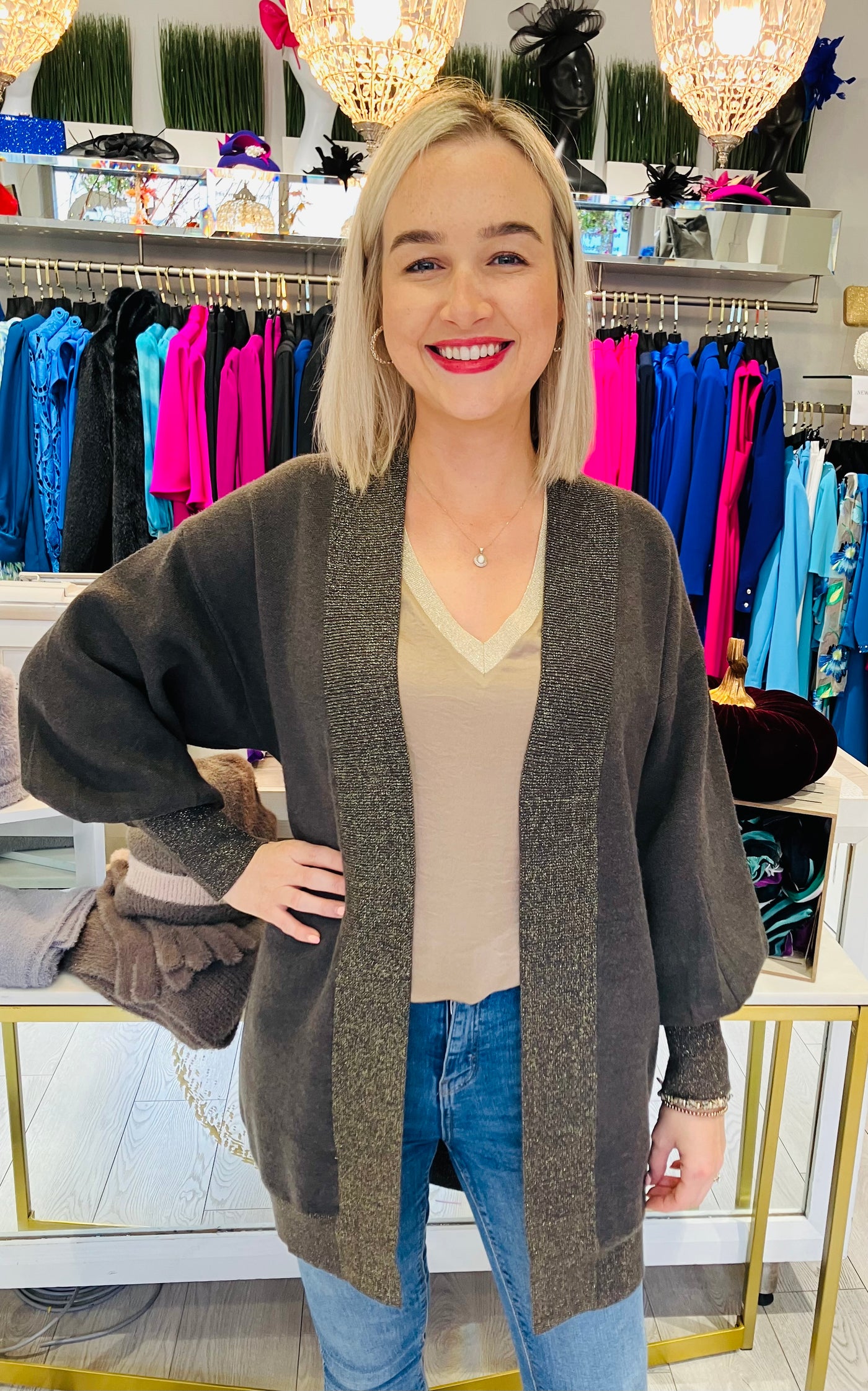 Avril Knitted Khaki Cardigan with lurex trim  by Molly Bracken