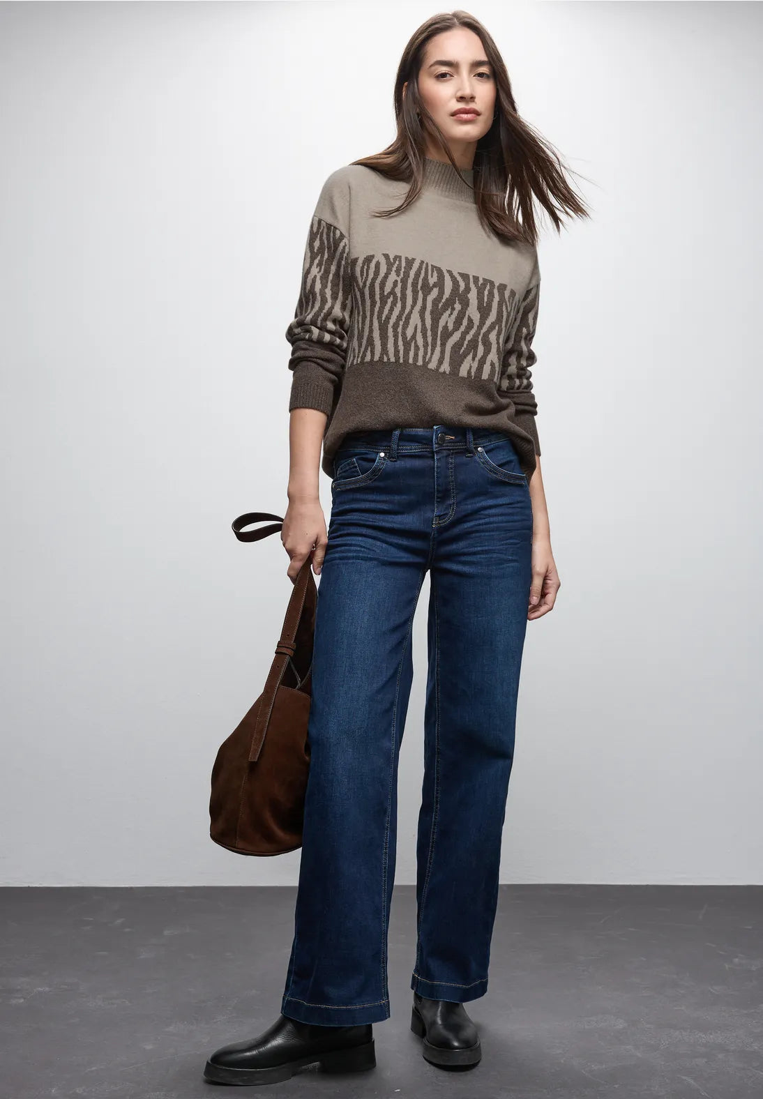 Street One Colour-Block Jacquard Sweater(Brown)