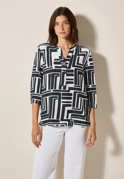 CECIL slit neck blouse with Graphic Print (Navy)