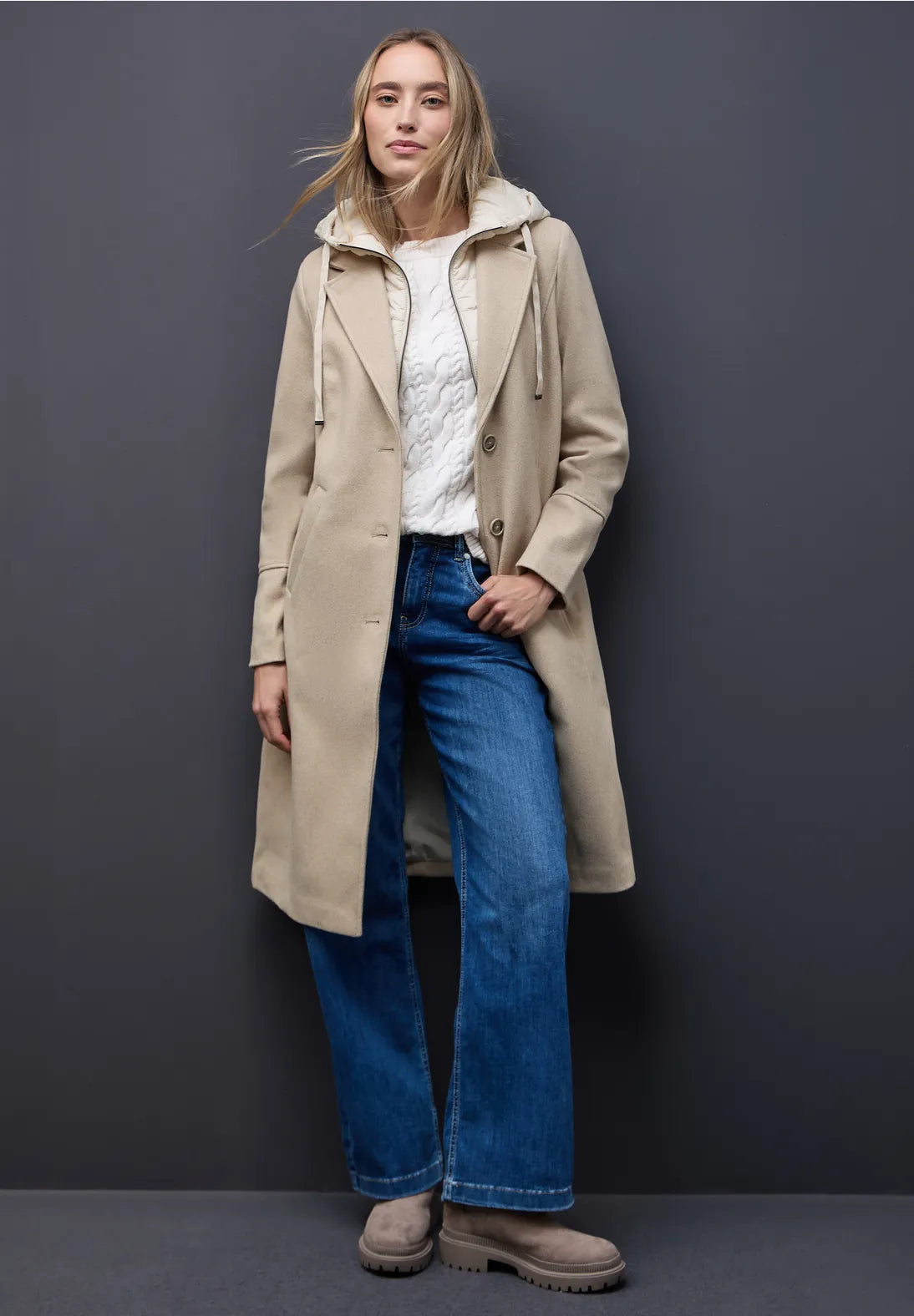 Street One Long Coat with lined inlay and hood