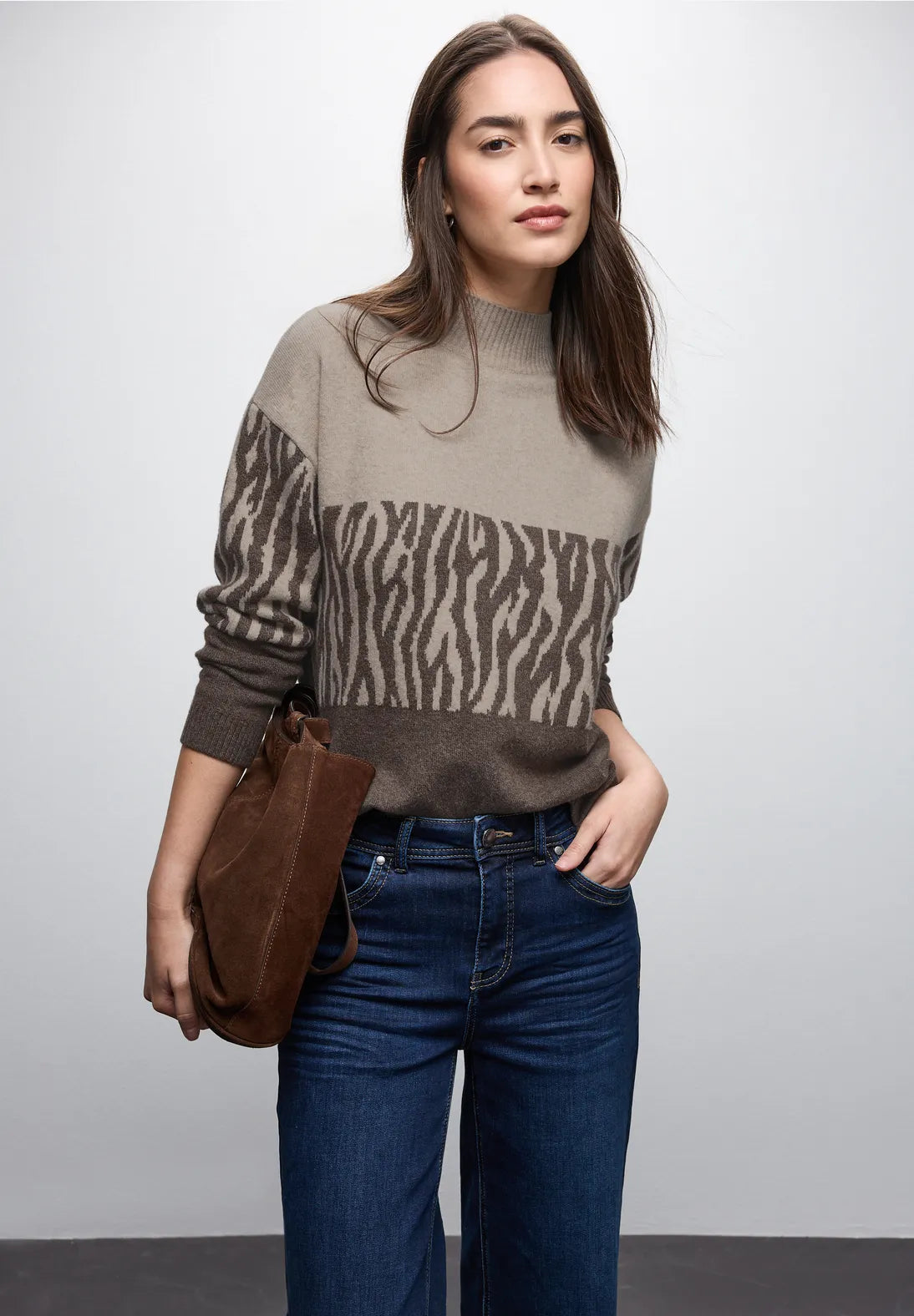 Street One Colour-Block Jacquard Sweater(Brown)